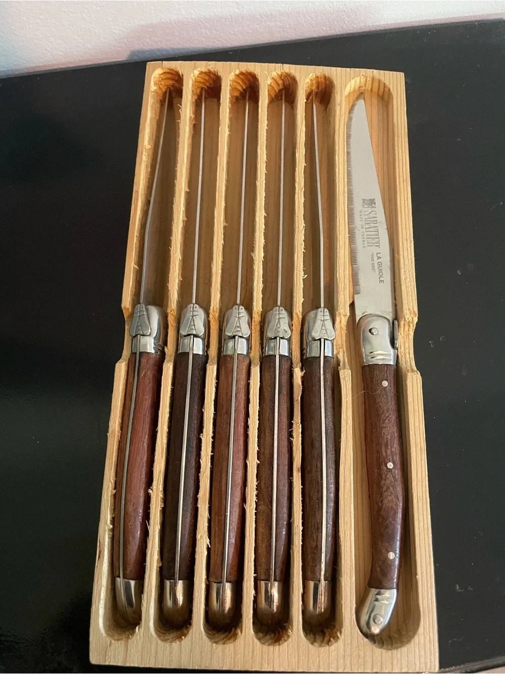 Set of 6 Sabatier La Guiole “the bee” French steak knives with rosewood handles